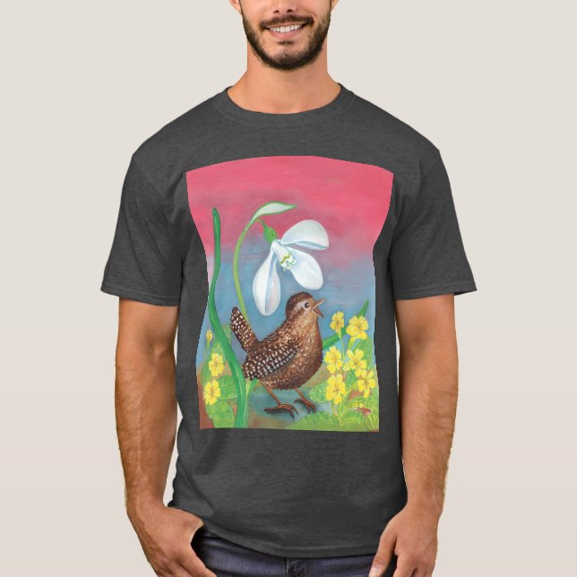 T-shirt White Snowdrop Wren Bird in Spring Illustration fu (Devant)
