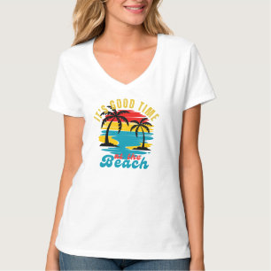 T-shirt White Vintage Sunrise Sunset Nature Beach V-Neck