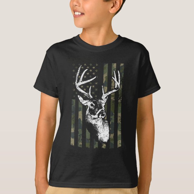 T-shirt Whitetail Buck Deer Hunting USA Camouflage Amériqu (Devant)