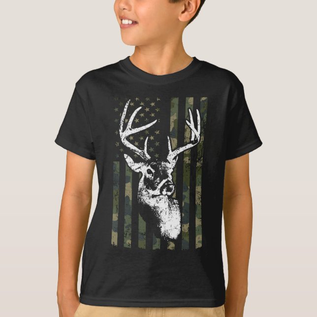 T-shirt Whitetail Buck Deer Hunting USA Camouflage Amériqu (Devant)
