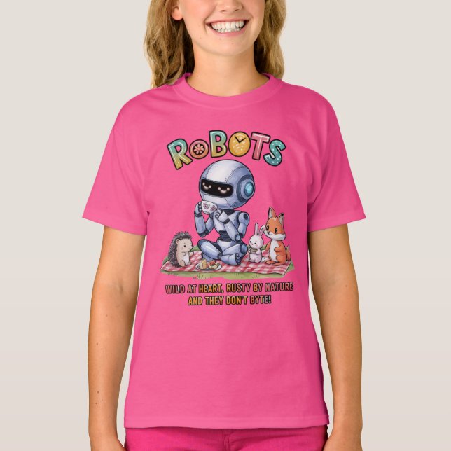 T-shirt 🤖 Wild at Heart Robot Cartoon Picnic In Woods (Devant)