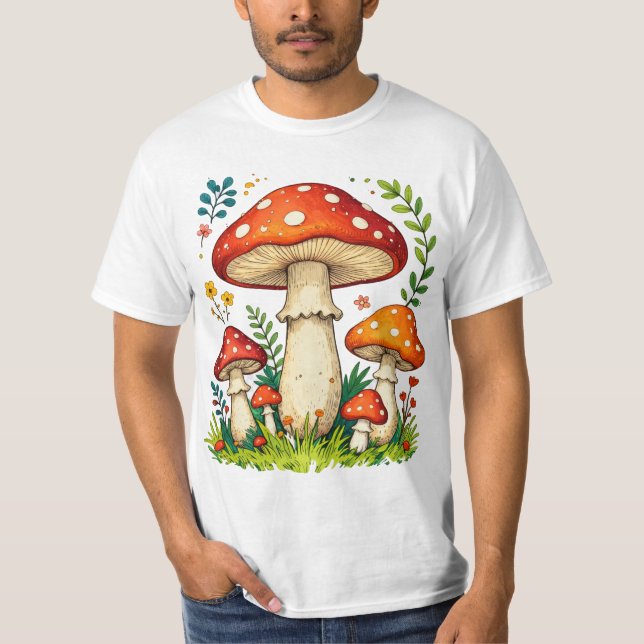T-shirt Wild mushrooms and flowers in grass forest nature (Devant)