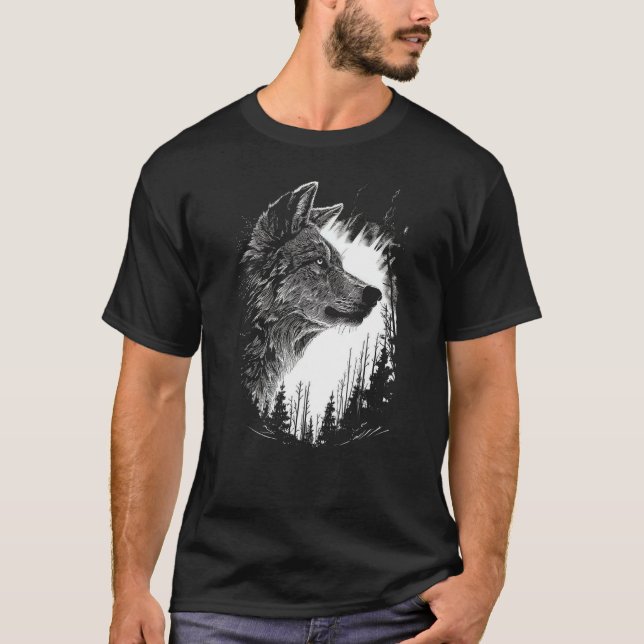 T-shirt Wilderness Wanderer, Monochrome Wolf in the Night  (Devant)