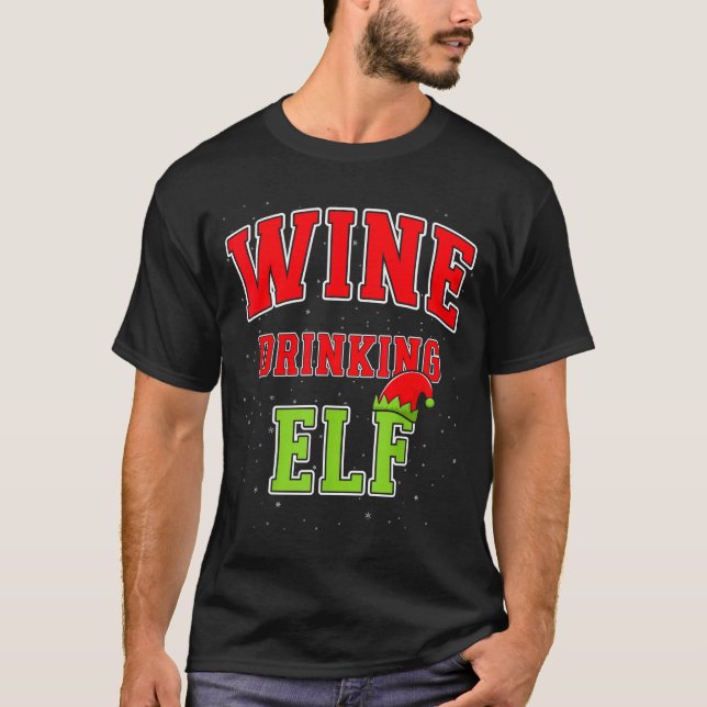 T-shirt Wine Drinking Elf Christmas Family Matching Group  (Devant)