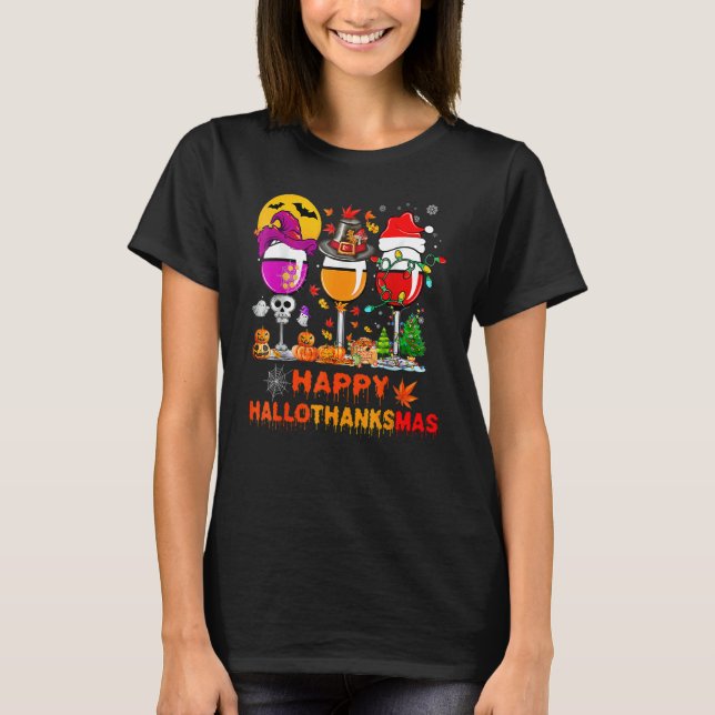 T-shirt Wine Glasses Witch Santa Hat Pumpkin Happy Halloth (Devant)