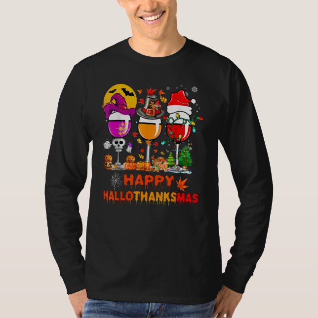 T-shirt Wine Glasses Witch Santa Hat Pumpkin Happy Halloth (Devant)