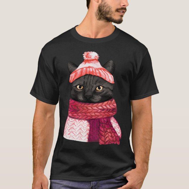 T-shirt Winter Hat And Shawl Black Cat For Kitten (Devant)