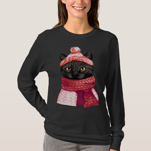 T-shirt Winter Hat And Shawl Black Cat For Kitten (Devant)