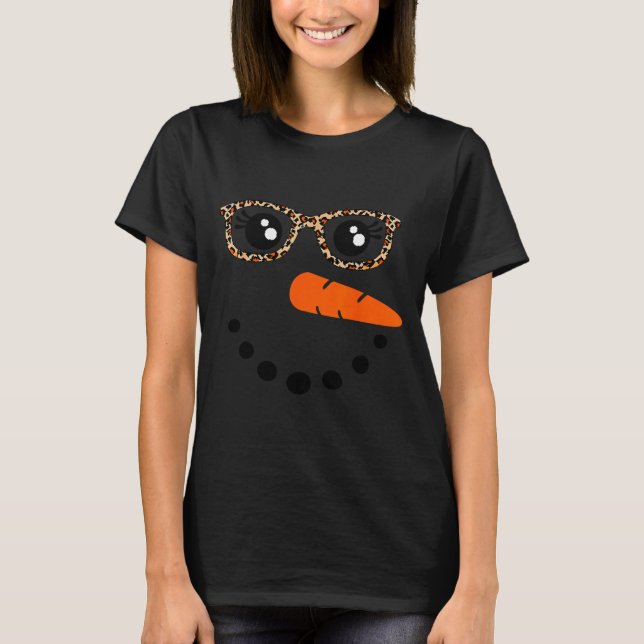 T-shirt Winter Snowman Face Leopard Eyelashes Christmas Gi (Devant)
