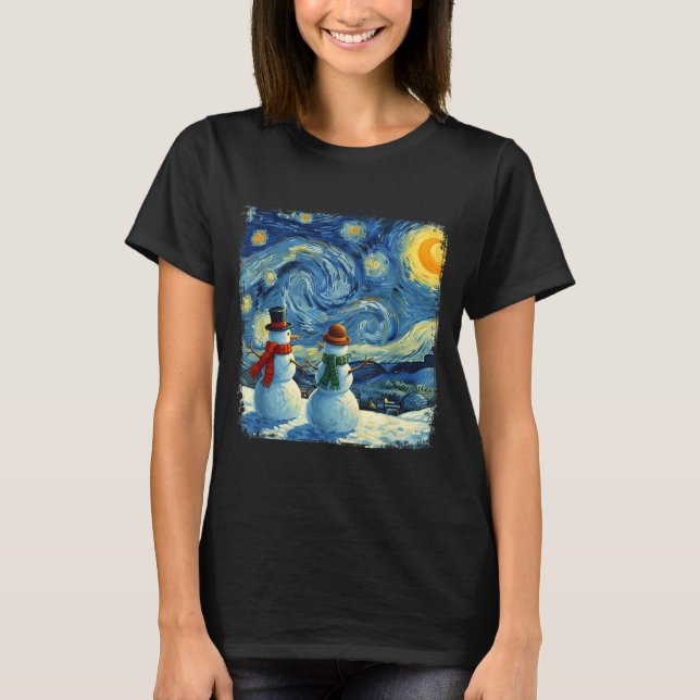 T-shirt Winter Snowman Van Gogh Starry Night Christmas  (Devant)