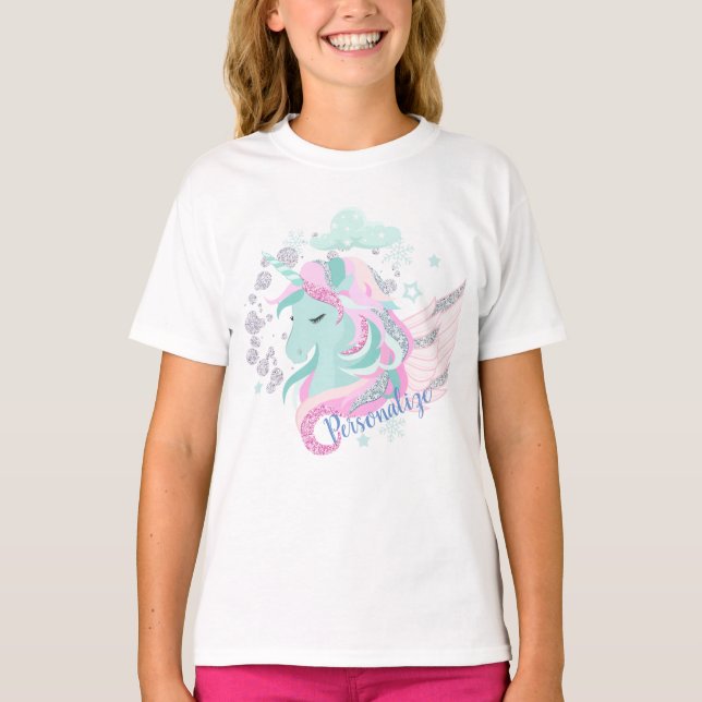 T-shirt Winter Wonderland Silver Sparkle Unicorn Persoa (Devant)