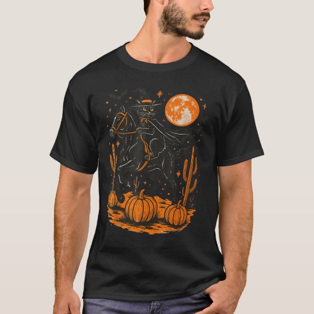 T-shirt Witch Black Cat Riding Horse Halloween Pumpkin Moo (Devant)