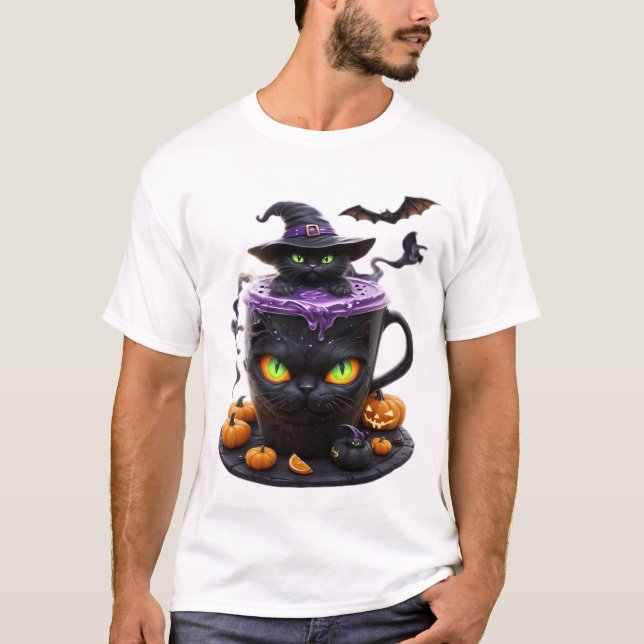 T-shirt Witch Cat Halloween Latte  Café mignon et effrayan (Devant)