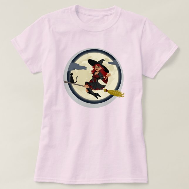 T-SHIRT WITCH ET SON CHAT NOIR EN BROOMSTICK (Design devant)