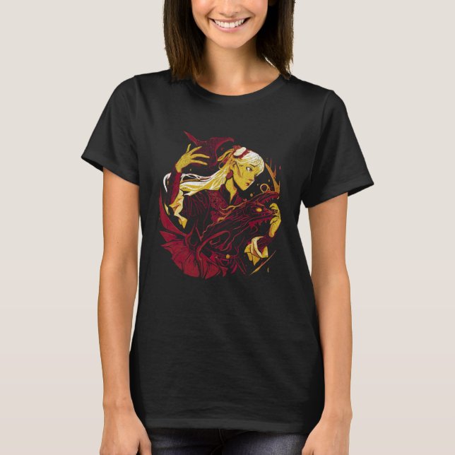T-shirt Witch with a dragon Fantasy creature Wiccan Wicca  (Devant)