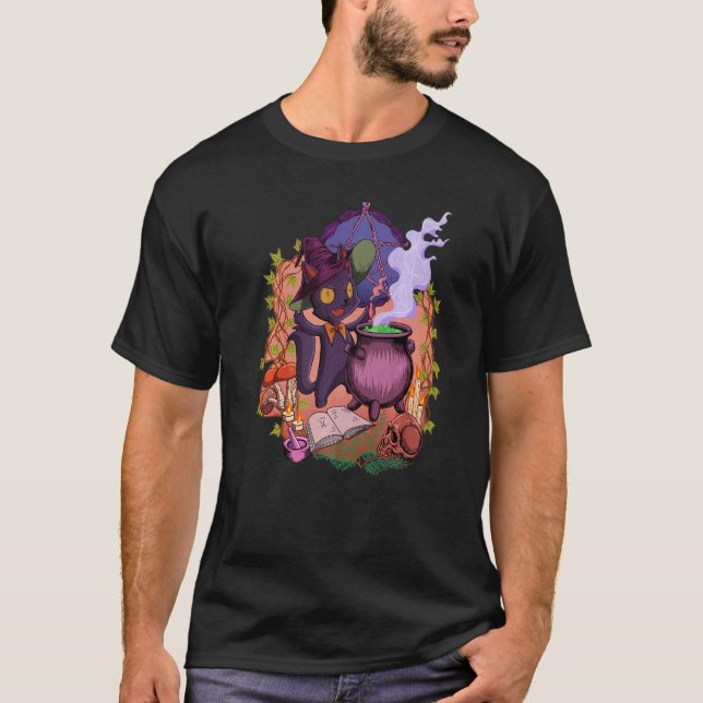 T-shirt Witchcore  au chaudron se tient le chat sorcière (Devant)