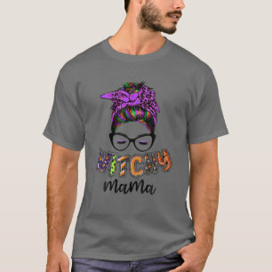 T-shirt Witchy Mama Halloween Messy Bun Skull Witch Maman 