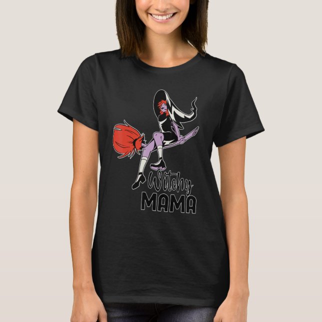 T-shirt Witchy Mama Halloween Messy Bun Skull Witch Mom Wo (Devant)