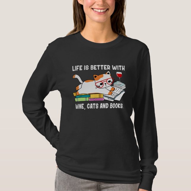 T-shirt With Books Cats And Wine Drinking Dad Mom (Devant)