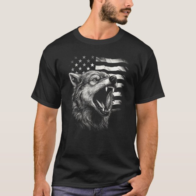 T-shirt Wolf 4 juillet Drapeau Américain hurlant Patriotiq (Devant)