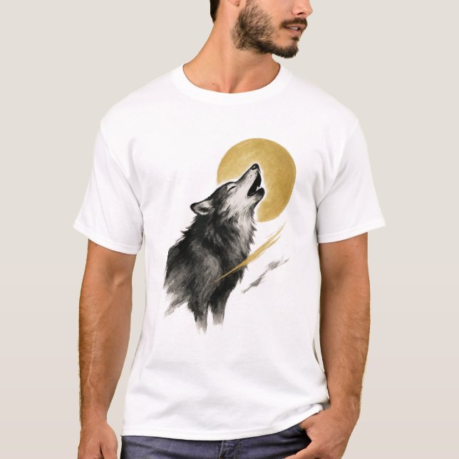 T-shirt 【Wolf and Moon Japanese Ink Art T-Shirt】 (Devant)
