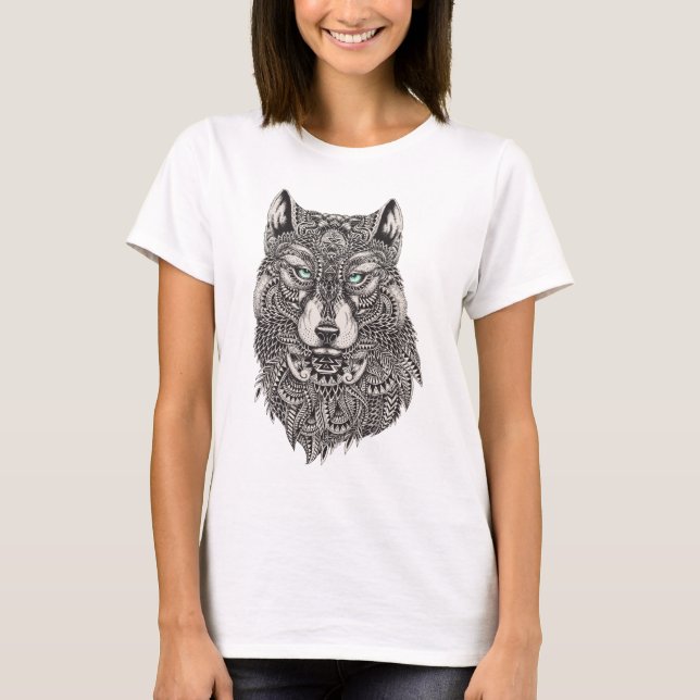 T-shirt Wolf aux yeux verts Illustration détaillée (Devant)