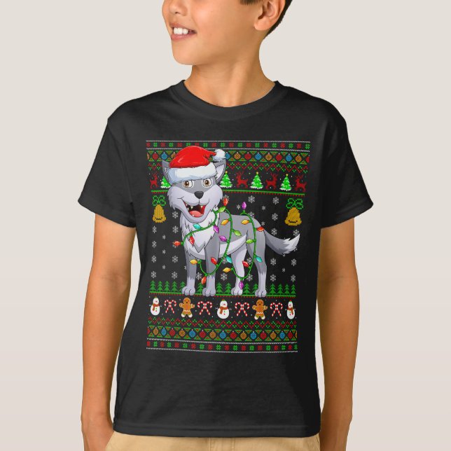 T-shirt Wolf Christmas Lights Funny Santa Ugly Sweaters Cu (Devant)