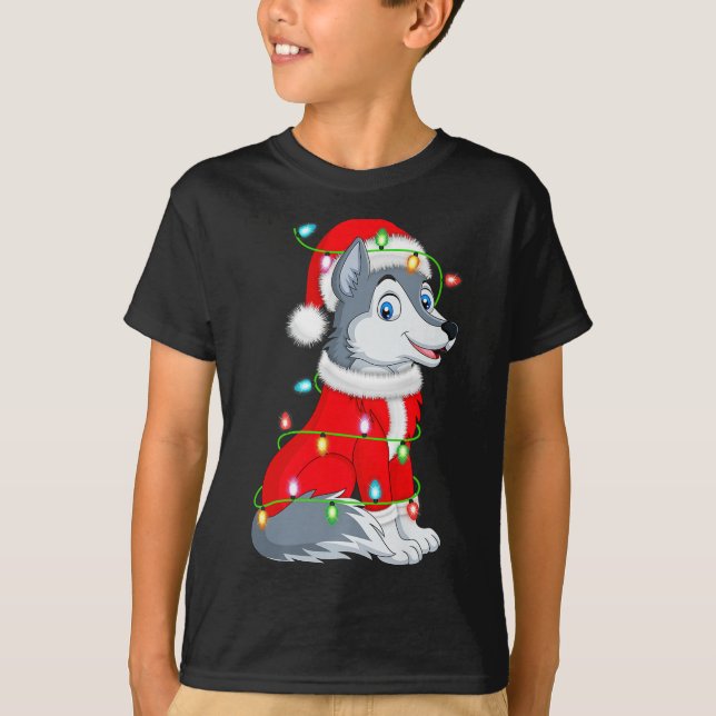 T-shirt Wolf Christmas Lights Santa Costume Cute Animal Xm (Devant)
