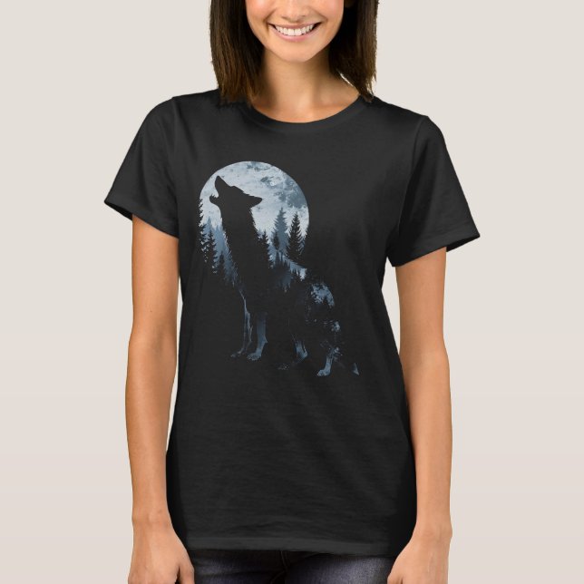 T-shirt Wolf Howling À La Forêt De Lune Faune Animale Natu (Devant)