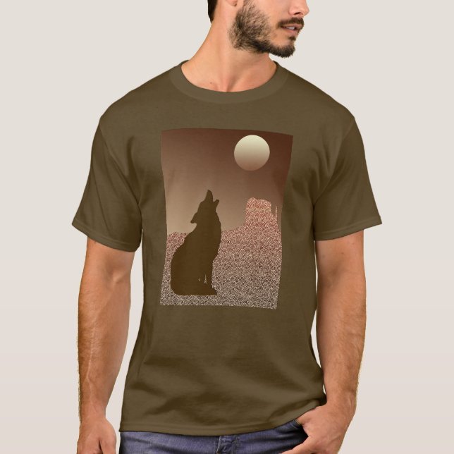 T-shirt Wolf Howling à la Lune en Brown et Tan (Devant)