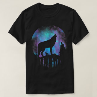 T-shirt Wolf Howling at Galaxy Moon Art