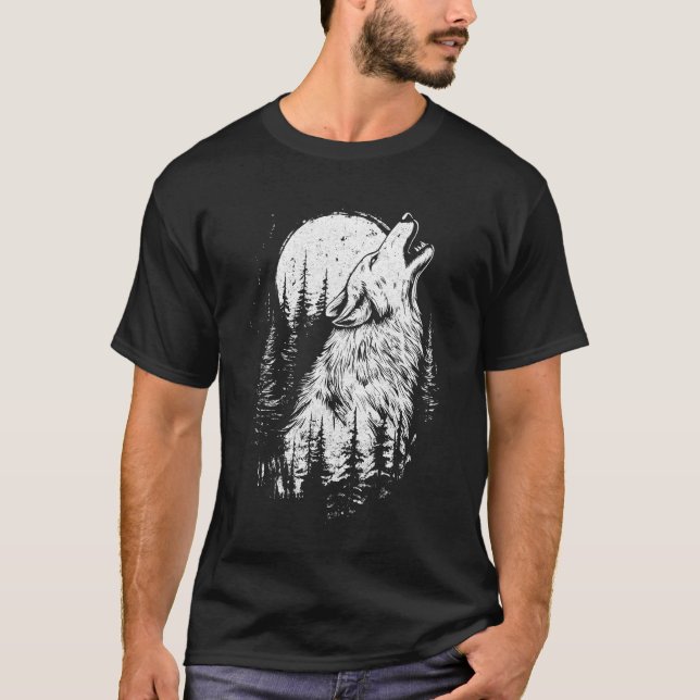 T-shirt Wolf Howling Moon Forêt Nature Faune Animal Gr (Devant)