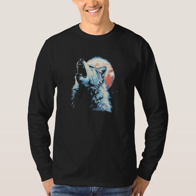 T-shirt Wolf Howling With Full Moon in Background - Wolf L (Devant)