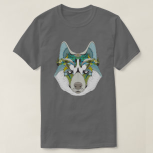 T-shirt Wolf husky embelli vert bleu