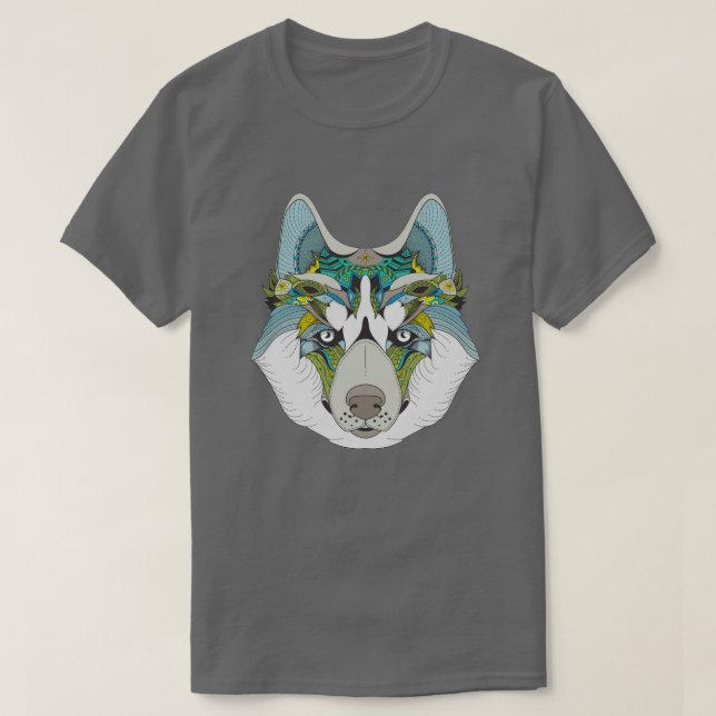 T-shirt Wolf husky embelli vert bleu (Design devant)
