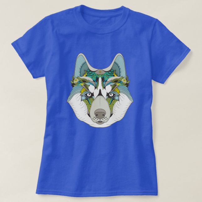 T-shirt Wolf husky embelli vert bleu (Design devant)