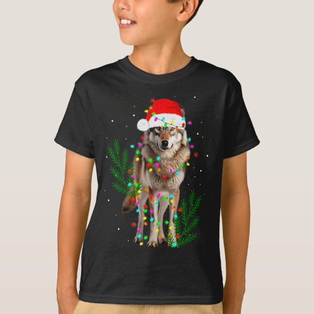 T-shirt Wolf Santa Hat Christmas Lights Wolf Lover Animal  (Devant)