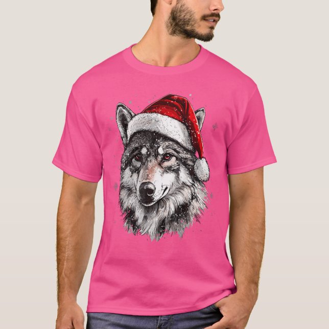 T-shirt Wolf Santa Hat Funny Xmas Wolf Amateurs Noël (Devant)