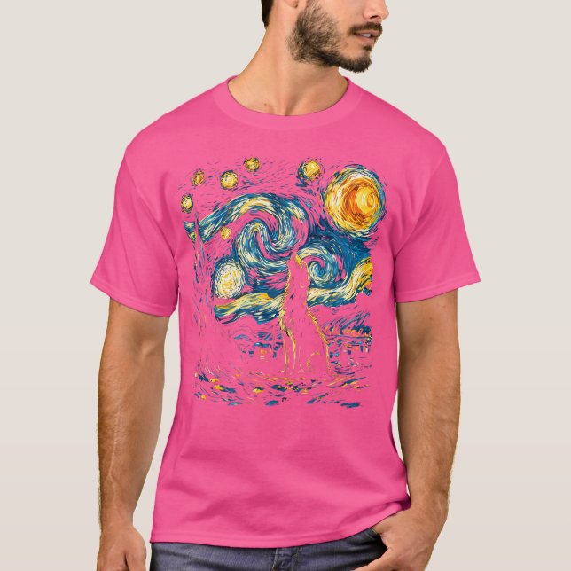 T-shirt Wolf Starry Night Howling Moon Funny Van Gogh grap (Devant)