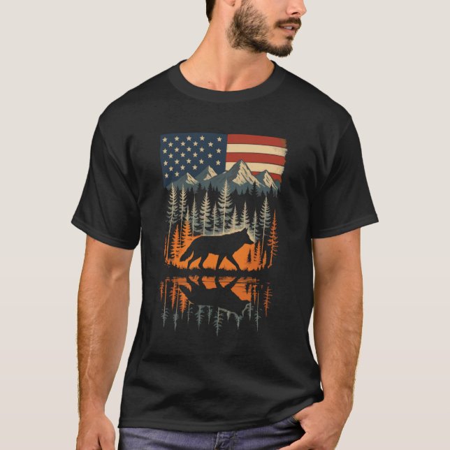 T-shirt Wolf USA Flag Mountain Outdoor Wildlife Retro (Devant)