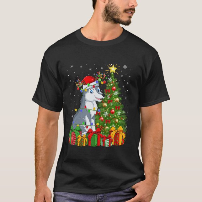T-shirt Wolf Xmas Tree Lighting Santa Hat Wolf Noël (Devant)