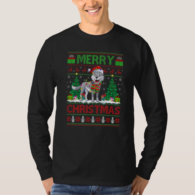 T-shirt Wolf  Xmas Tree Lights Ugly Santa Wolf Christmas (Devant)