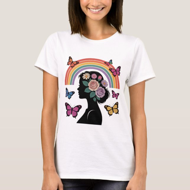 T-shirt Woman Silhouette Floral Rainbow Butterfly Art (Devant)