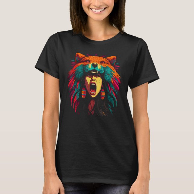 T-shirt Woman Wolf Head Native American Culture (Devant)