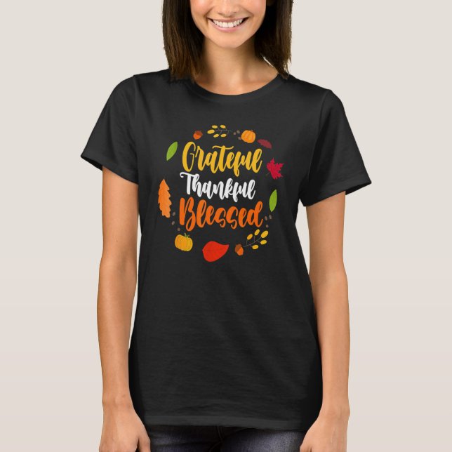 T-shirt Women Grateful Thankful Blessed  Casual Thanksgivi (Devant)