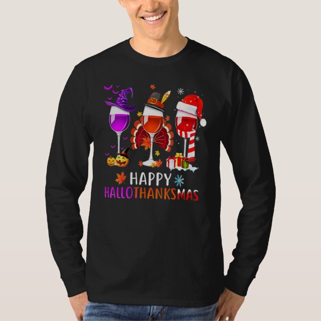 T-shirt Women Wine Glass Thankgiving  Wine Happy Hallothan (Devant)