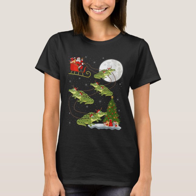 T-shirt Womens Alligator Santa Sleigh Flying Funny Magical (Devant)