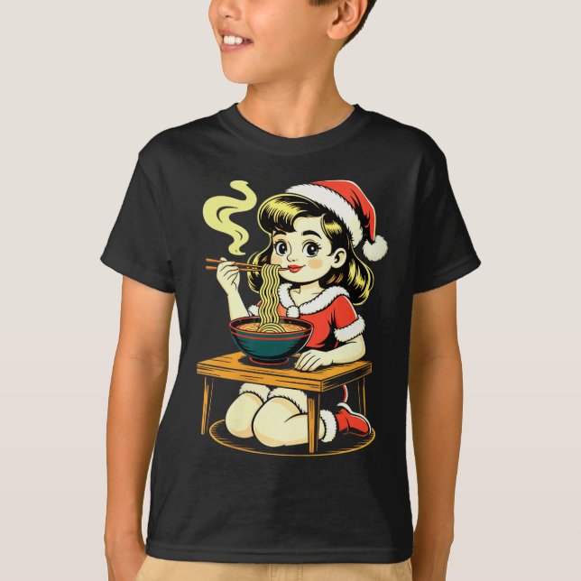 T-shirt Womens Anime Ramen Xmas Kawaii Santa Girl Eating J (Devant)