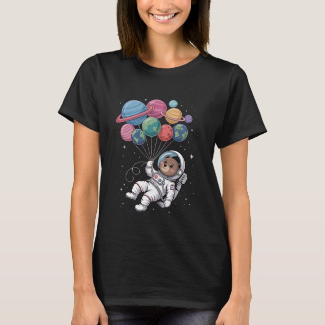 T-shirt Womens Astronaut Bear Holding Planet Balloons Oute (Devant)