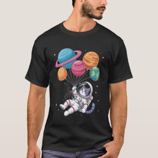 T-shirt Womens Astronaut Cat Holding Planet Balloons Outer